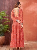 Red Orange Blooming Faux Georgette Readymade Gown